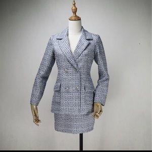 Brand New w/tags Womens Custom Check Pattern Blue Tweed polyester suit w/ skirt